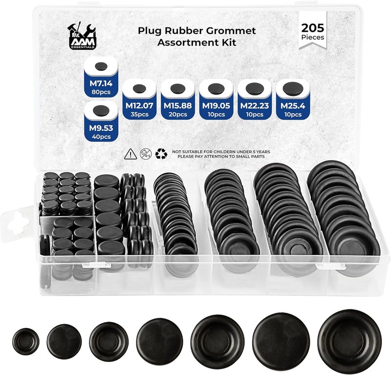 AAM ESSENTIALS Rubber Grommets for Wiring-205pcs Assorted Firewall Hole Plugs in 7 Sizes M25.4, M22.23, M19.05, M15.88, M12.07, M7.14, M9.53-Waterproof Rubber Grommet Kit Wire Grommet Perfect for Sealing Auto Panel - Image 1
